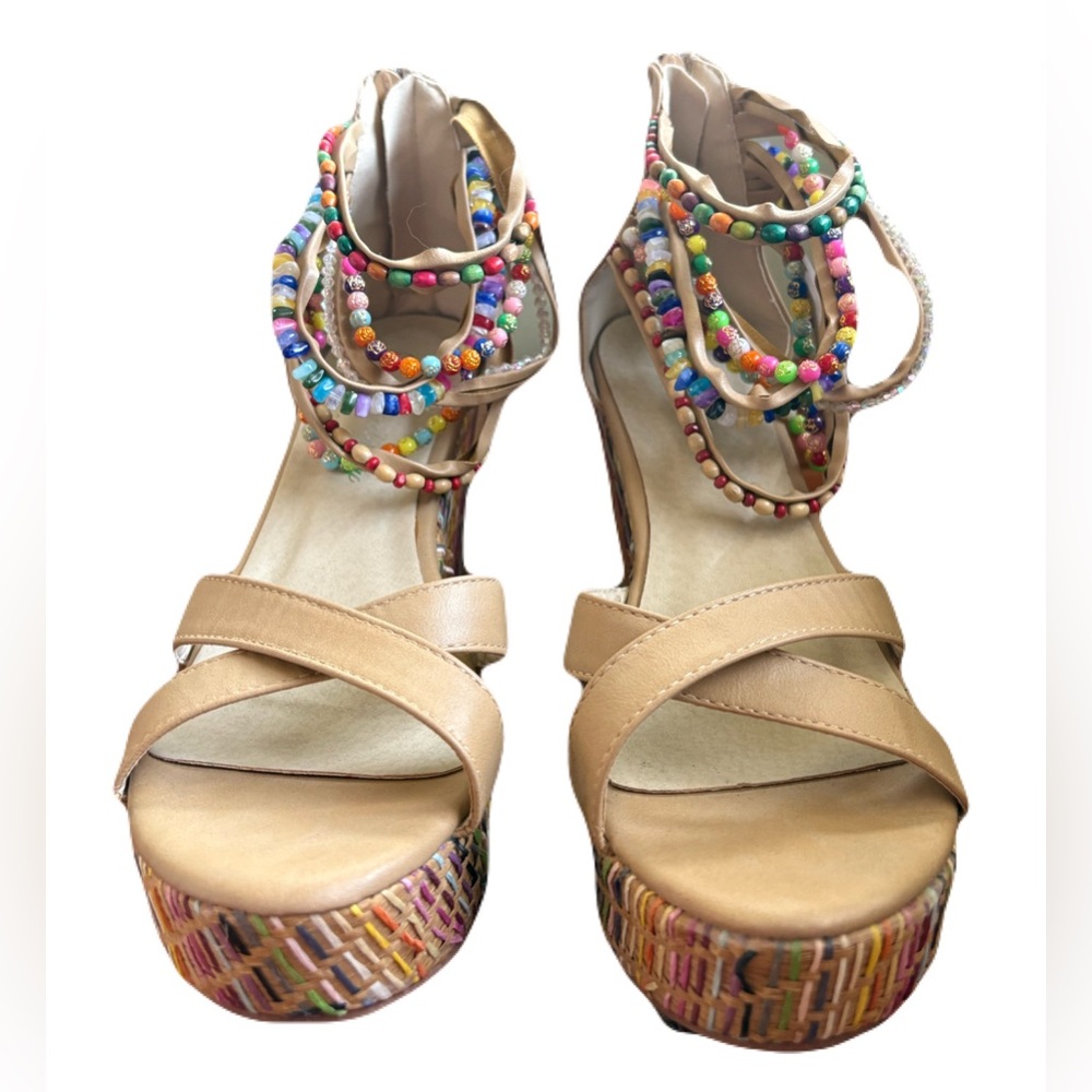 Colorful Beaded Tan Wedge Sandals
